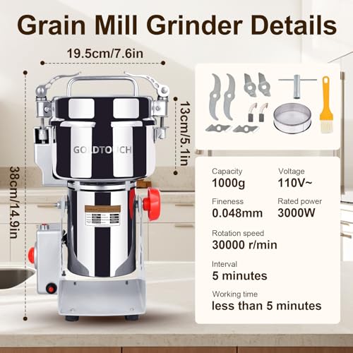 Goldtouch 1000g High-Speed Electric Grain Mill Grinder, 3000W 110V Stainless Steel Flour Mill Makes Gluten Free Flours, Grain Mill for Home and Commercial Use - size: 1000g