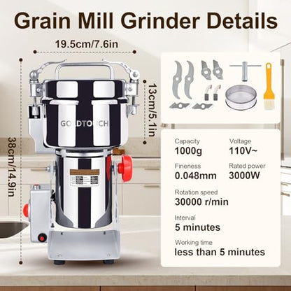 Goldtouch 1000g High-Speed Electric Grain Mill Grinder, 3000W 110V Stainless Steel Flour Mill Makes Gluten Free Flours, Grain Mill for Home and Commercial Use - size: 1000g