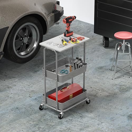 Simple Houseware 2-Tier Rolling Utility Cart Wood Top/Lockable Wheel, White - color: White