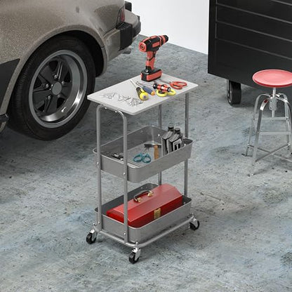 Simple Houseware 2-Tier Rolling Utility Cart Wood Top/Lockable Wheel, White - color: White