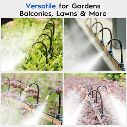 360° Automatic Drip Irrigation Kit - 5/16'' Tubing, Adjustable Universal Spray Nozzle, Copper Atomizing System for Garden/Lawn/Greenhouse - Multi-Directional Rotation, Quick Connectors, 49FT - size: 49FT