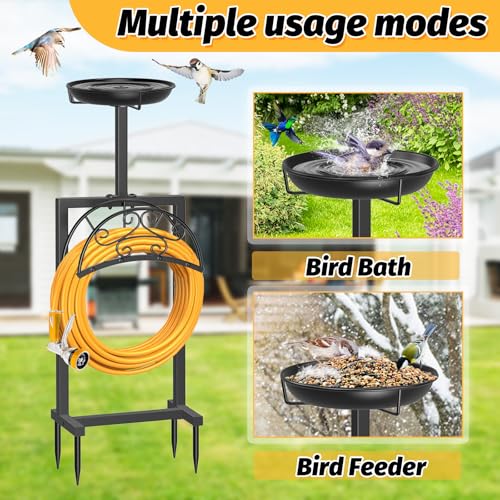 Garden Hose Holder Hanger Freestanding, Upgraded 4 Spikes Heavy Duty Storage Reel Stand with Bird Feeder Bowl, Holds 150ft Hose for Outside Garden Yard Lawn Vegetable Patch - style: Floral With bird feeder