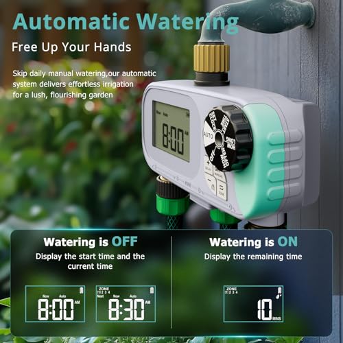 QUOBAS Sprinkler Timer for Garden Hose, Programmable Brass Water Timer | 4 Zone Hose Timer with Child Lock for Drip Irrigation, Pool, with Rain Delay/Auto/Manual, Waterproof Screen & Battery Powered - color: Gray