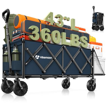 HIKEMOON 43'' Extra Long Folding Wagon with Extended Tailgate, Blue - color: Navy Blue
