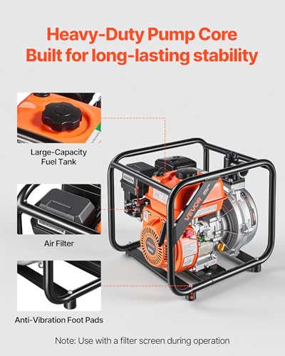 VEVOR Gas Powered Water Pump, 2 in, 128 GPM 6HP Semi Trash Water Transfer Pump Portable, Gasoline Engine with 25 ft Discharge Hose, Heavy Duty Frame, Cast Iron Impeller, for Irrigation, Ponds, Pools - size: 2in 6.0 HP 128GPM