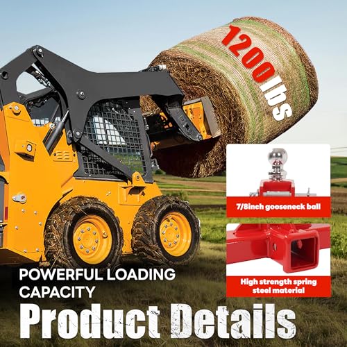 47" 3 Point Hitch Adapter & Hay Bale Spear Fit for Category 1 Tractors W/2 Stabilizers Bale Spear 2" Receiver Loading 1-7/8" Gooseneck Ball Drawbar Hay Quick Hitch Attachment-Red 1200 LBS