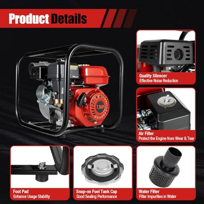 7.5HP Gasoline Water Pump 3 Inch 4-Stroke 196CC High Flow Irrigation Pump Air-Cooled Engine Portable Farm Garden Water Transfer Pump for Heavy Duty Water Movement