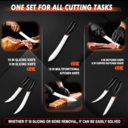 TIVOLI Butcher Knife Set 6 pcs - Game Processing Knife Set 7" Sharpener Rod - size: 10