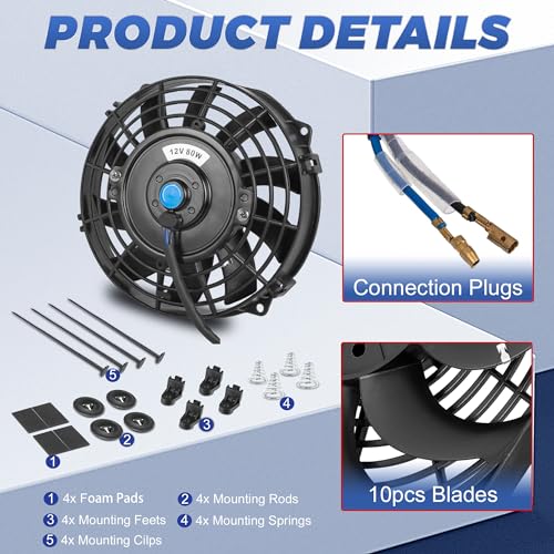 7 Inch 7” Black Universal Electric Radiator Slim Fan 12V 80W High Performance Cooling Push Pull w/Mounting Kit 2PCS - size: 7” 2PCS