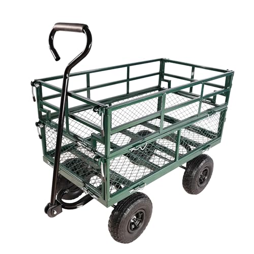 with a Four-Wheeled Trailer with a Double-Deck Detachable Side,the Steel Multifunctional Heavy-Duty net car can be Used in Farms,Warehouses and Other Places. - color: Green Double Layer