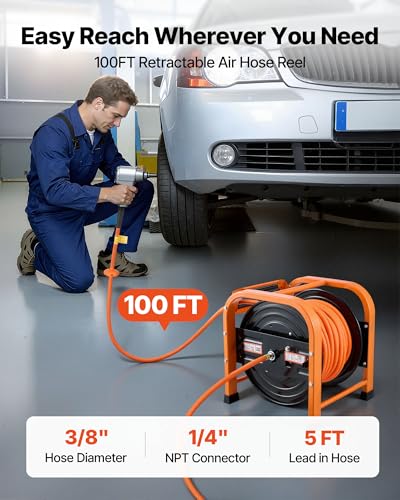 VEVOR Retractable Air Hose Reel, 3/8 Inch x 100 FT Hybrid Air Hose Max 300PSI, Auto Rewind Air-Compressor Hoses Reel with 5ft Lead in, Portable Freestanding Heavy Duty Steel Reel for Garages Workshops