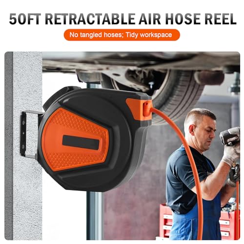 Retractable Air Hose Reel, 3/8 IN x 50 FT Hybrid Air Hose