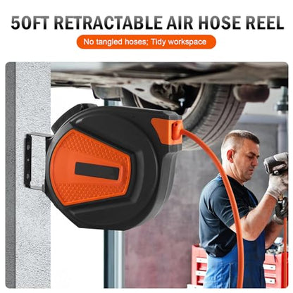 Retractable Air Hose Reel, 3/8 IN x 50 FT Hybrid Air Hose