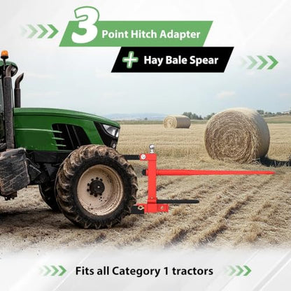 Suitable for 3-Point Hay Bale Spear with 3000 LB Capacity - Cat 1 Tractor Receiver Hitch & Gooseneck Ball
