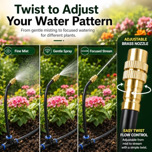 5/16" Drip Irrigation System 100 ft for with 20-Pcs 360° Adjustable Copper Nozzles for Garden, Automatic Misting Watering Sprinkler System Raised Beds, Greenhouse (100ft+20 nozzles) - size: 100ft+20 nozzles