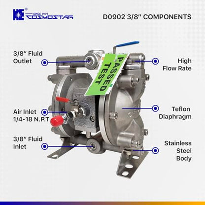 COSMOSTAR D0902 3/8" Stainless Steel Double Air Diaphragm Pump, Aluminum Body, Teflon Ball, seat and Diaphragm, Pump Muffler, Pump, Chemical Pump, Waste Oil Pump, Pneumatic Oil Pump, Diaphragm Pumps - size: D0902 3/8" Stainless Steel