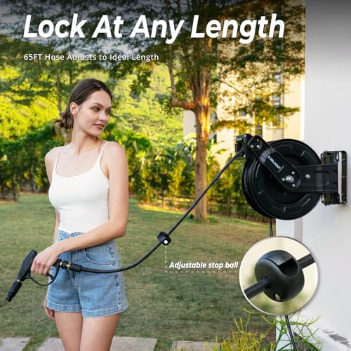 Relhost Pressure Washer Hose Reel, 65 ft x 1/4 inch Retractable Power Washer Hose Reel, Heavy Duty Steel Hose Reel with Dual Arms, Auto Rewind, 180° Swivel Ceiling