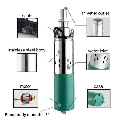 Solar Submersible Well Pump DC 24V 260W Deep Well 3" Tube Stainless Steel Screw 2300L/H 1" Outlet High Lift 53M for Irrigation Agricultural Garden Home - size: 3QGD-24V-260W-1“