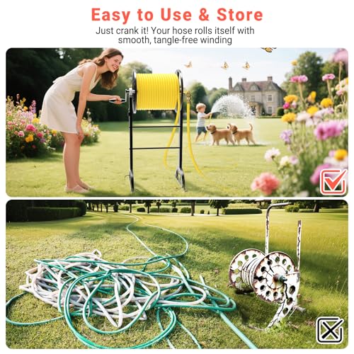 Garden Hose Reel with Handle – Heavy Duty Metal Freestanding Water Hose Holder, Upgraded Retractable Hose Winder for Up 150FT 5/8" Hose, Perfect for Lawn, Yard & Outdoor Use