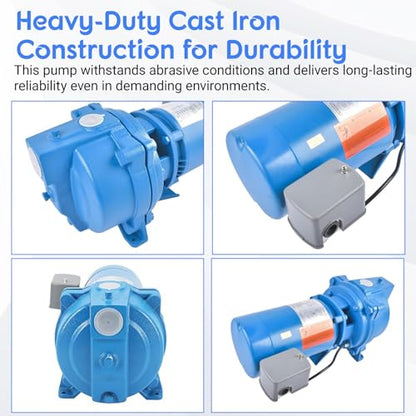 J5S Shallow Well Jet Pump, 1/2 HP 115/230V 60Hz, Heavy-Duty Cast Iron Self-Priming Pump for Home Water Supply, Garden Irrigation & Booster Service