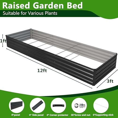 2PCS 12x3x1ft Galvanized Raised Garden Bed,Outdoor Planter Box Metal Patio Kit Planting Bed for Vegetables Flowers Herb,Black - size: 12x3x1(2PCS), style: Black