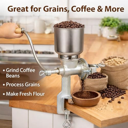 Heavy Duty Cast Iron Grain Mill - 7.5lb Hand Crank Manual Grinder with Table Clamp for Corn, Wheat, Oats & Home Brewing