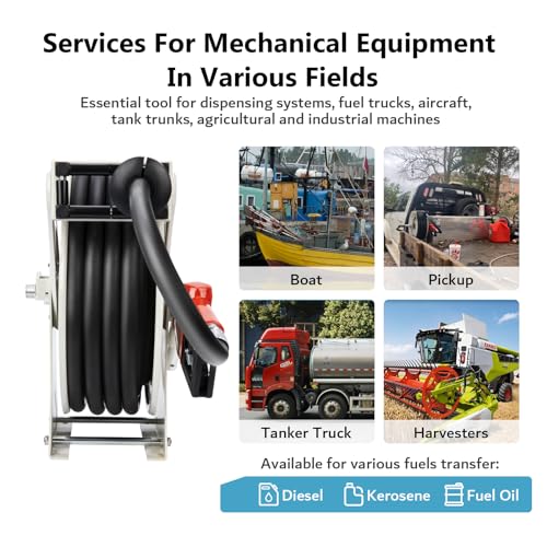 3/4" Diesel Fuel Hose Reel 50ft 300 PSI Retractable Heavy Duty Hose for Kerosene Spring Driven Auto Swivel Fuel Pump Transfer Hose with Nozzle Refueling for Service Truck Tank Boats Air Vehicle - size: #205-3/4" x 50ft, Silver