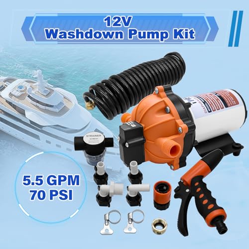 Upgraded 5.5 GPM 70 PSI Washdown Deck Wash Pump Kit, 12V Washdown Pump Kit,5 Chamber Self-Priming RV Fresh Water Pump for RV,Boat,Sprayer,Travel Trailers,and Yacht - color: White1