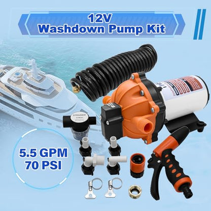 Upgraded 5.5 GPM 70 PSI Washdown Deck Wash Pump Kit, 12V Washdown Pump Kit,5 Chamber Self-Priming RV Fresh Water Pump for RV,Boat,Sprayer,Travel Trailers,and Yacht - color: White1