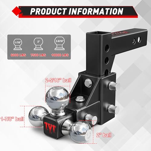 TYT Adjustable Tri-Ball Trailer Hitch for 2 inch Receiver, 5" Drop/Rise, Triple Balls (1-7/8", 2", 2-5/16"), 10,000 lbs GTW, 1,000 lbs TW, Includes Hitch Pin Lock & Tri Pins - size: Tri-Ball, 5" Drop/Rise