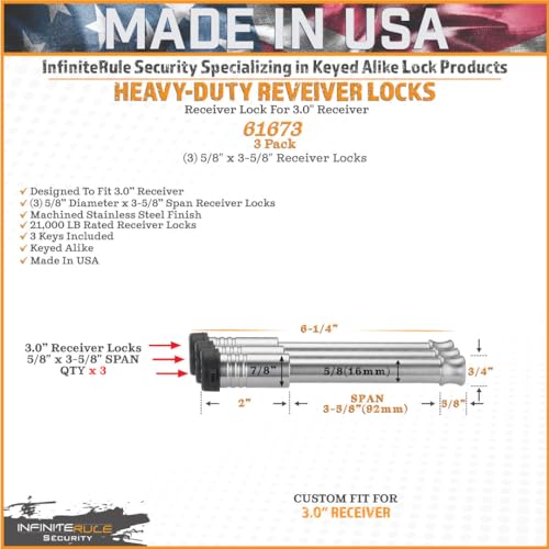 61673 | 3 Pack, Keyed Alike, Receiver Locks for 3" Receiver - color: 3PK (3) Receiver Locks, size: Fits: 3.0" Receiver