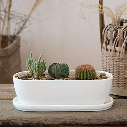 E-liu 11 Inch Oval Ceramic Planter Pot with Drainage Hole Saucers - color: White, size: 11 inch Single