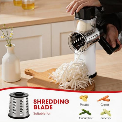 Rotary Cheese Grater Hand Crank with Foldable Handle, Three Blades - color: White