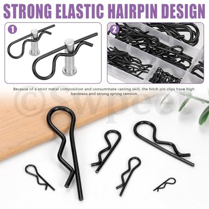 Swpeet 145Pcs 6 Sizes Black Zinc-Plated Carbon Steel Cotter Pin Assortment Kit, Hitch Pin Clip, R Clips, Retaining Pins, Hair Pin, Hardware Pins, Spring Fastener for Dolly Pins Trailer Pin Clips
