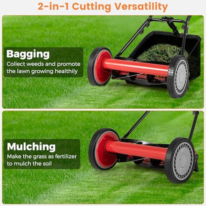 16" Manual Rear Mower, Push Lawn Mower with 5 Steel Blades, Adjustable Cutting Heights & Grass Catcher Bag, Walk-Behind Grass Cutter Lawn Sweeper for Garden, Park & Yard (Red) - color: Red, size: 16"