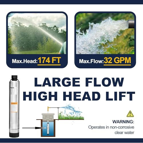 WASSERMANN 4" Effluent/Cistern Bottom Suction Pump with 33FT Cable, 3/4HP,115V/60HZ,32GPM,174FT Head,Stainless Steel Deep Well Submersible Pump for Septic Tank Home and Industrial Agricultural - color: White