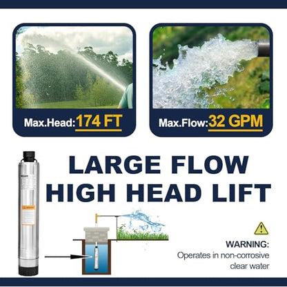 WASSERMANN 4" Effluent/Cistern Bottom Suction Pump with 33FT Cable, 3/4HP,115V/60HZ,32GPM,174FT Head,Stainless Steel Deep Well Submersible Pump for Septic Tank Home and Industrial Agricultural - color: White