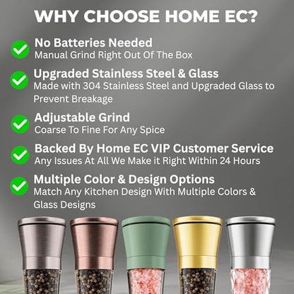 Home EC Premium Stainless Steel Sea Salt and Pepper Grinder Set of 2 - Adjustable Ceramic - Tall Glass Salt and Pepper Shakers - Kitchen Spice Mill W/Funnel & EBook - color: Clear Glass, size: 2pk