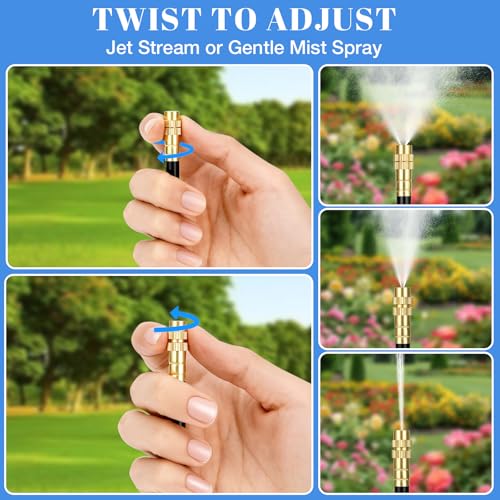 60FT Drip Irrigation Kit, 6mm Hose with Dual Outlet Splitter with Independent Valves & 15 360° Adjustable Brass Nozzles & 18 Snap-On Tees, DIY Automatic Watering for Greenhouse, Raised Beds, Garden - size: 60FT+15 Nozzles