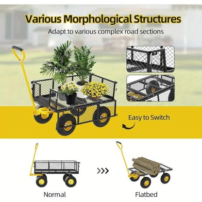 Heavy Duty Steel Garden Cart - 900 Lbs Capacity, Removable Mesh Sides Convert to Flatbed, Utility Metal Wagon with 180° Rotating Handle & 10" All Terrain Tires - Ideal for Garden, Farm, Yard Work