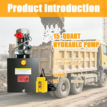ParnicoTech Hydraulic Pump 15 Quart Single Acting Hydraulic Power Unit 12V DC, 3200 PSI Max Relief Pressure, Power Unit Metal Reservoir for Dump Trailer Car Lifting, SAE # 6 Port, Steel - color: Single-15qt