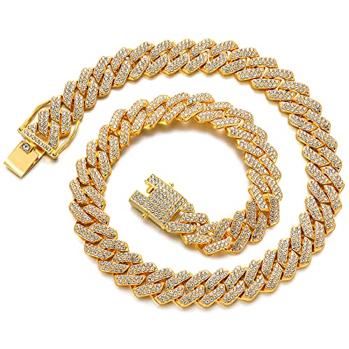 JUNVirtuous Cuban Link Chain Mens Iced Out Miami Cuban Necklace Silver/Gold Bling Diamond Hip Hop Jewelry for Women - color: 16 inch Gold Necklace
