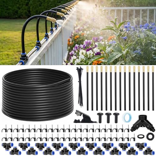 60FT Drip Irrigation Kit, 6mm Hose with Dual Outlet Splitter with Independent Valves & 15 360° Adjustable Brass Nozzles & 18 Snap-On Tees, DIY Automatic Watering for Greenhouse, Raised Beds, Garden - size: 60FT+15 Nozzles