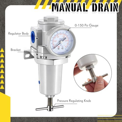 Tuanse 1/2" NPT Compressed Air Regulator Compressed Air Pressure Regulator T-Handle, 0-150 PSI Gauge & Metal Bracket