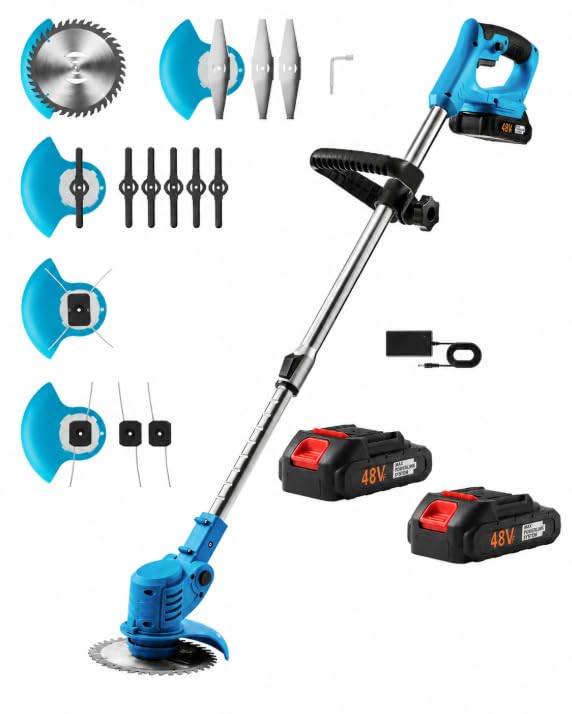 Lightweight Blue 48V Cordless Weed Eater, Battery Powered String Trimmer Lawn Edger with Fast Charger, Multi-Functional Grass Trimmer for Backyard Garden Yard Weeding Work