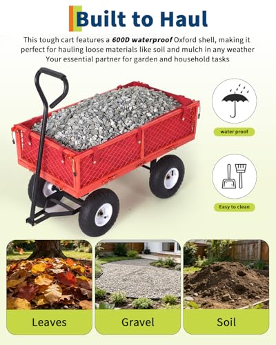 Heavy Duty 400 lbs Garden Cart Wagon – Steel Utility Yard Cart – 10" All-Terrain Pneumatic Tires – Removable Mesh Sides, Waterproof Liner – Easy Maneuvering for Lawn, Farm, Outdoor - color: Red