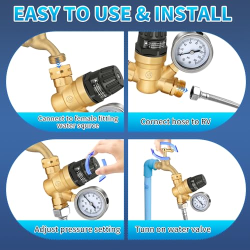Boltigen RV Water Pressure Regulator with Gauge, Adjustable 3/4" GHT