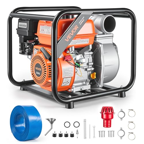VEVOR Gas Powered Water Pump, 3 in, 242 GPM 7HP Semi Trash Water Transfer Pump Portable, Gasoline Engine with 25 ft Discharge Hose, Heavy Duty Frame, Cast Iron Impeller, for Irrigation, Ponds, Pools - size: 3in 7.0 HP 242GPM