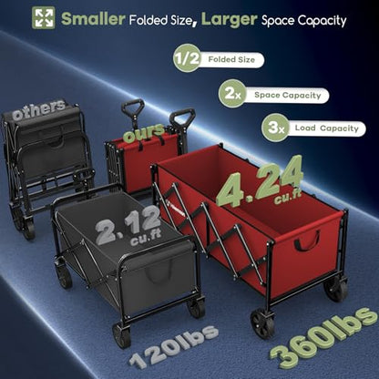 HIKEMOON 34'' Extra Long Folding Portable Wagon Cart, 120L 360LBS Red - color: Burgundy