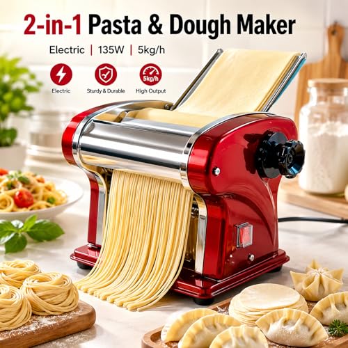 Electric Pasta Noodle Maker Machine, Built-in 2.5 mm Blade, Dough Width 14 cm, 0.3-4 mm Adjustable Thickness, Output 5Kg/H for Home & Commercial Use